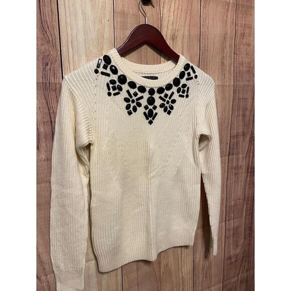 Ann Taylor Small/Petite Crew Neck Sweater NWT Cream Black Embellished Elegant - Picture 5 of 11